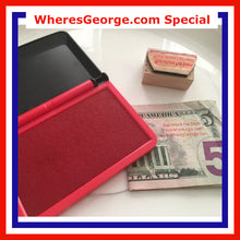 Load image into Gallery viewer, WheresGeorge.com Special, Includes Stamp With Original Three Line Message &amp; Red or Blue Ink Pad --  Awesome Value!   🎉