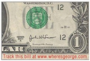 1 Line "Track this bill at www.WheresGeorge.com" Design // Xstamper Stamp Construction, 11 Color Options